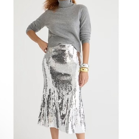 NWT J. Crew Silver Sequin Skirt with Two Slits in Front & Back